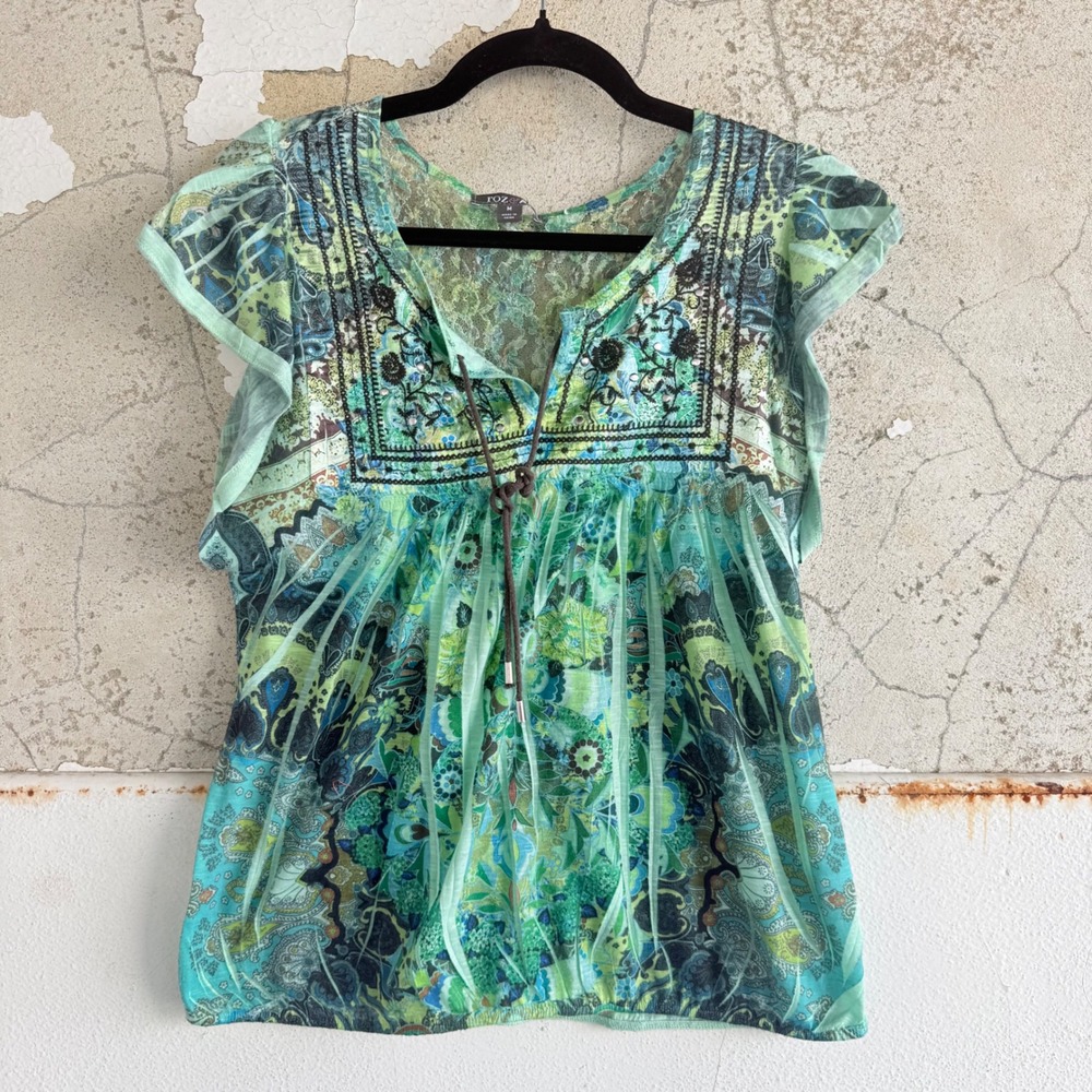 Y2K Boho Top Paisley Embroidered Sheer Lace Back‎ Short Sleeve Blouse Womens M
